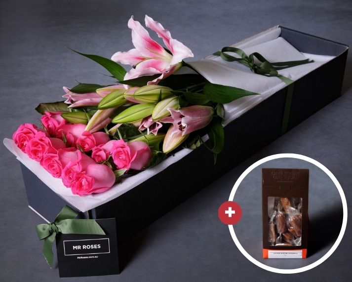 Mother's Day Flowers - Pink Lilies, Pink Roses & Salted Butter Caramels