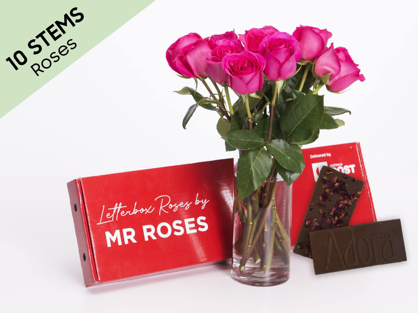 Elegant 10 Bright Pink Roses Gift Box & Adora Chocolate