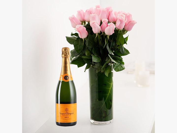 Long Stemmed Pink Roses (12 - 36 Flowers) & Champagne