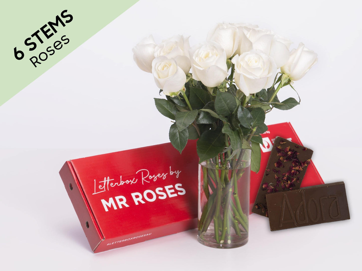 Subtle 6 White Cream Roses Gift Box & Adora Chocolate