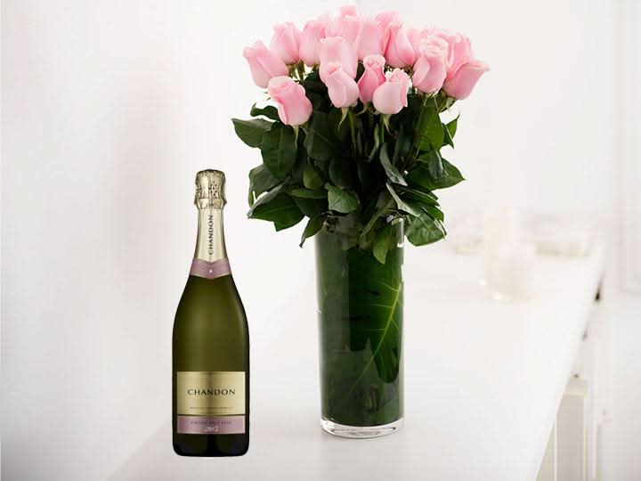Long Stemmed Pink Roses (12 - 36 Flowers) & Champagne