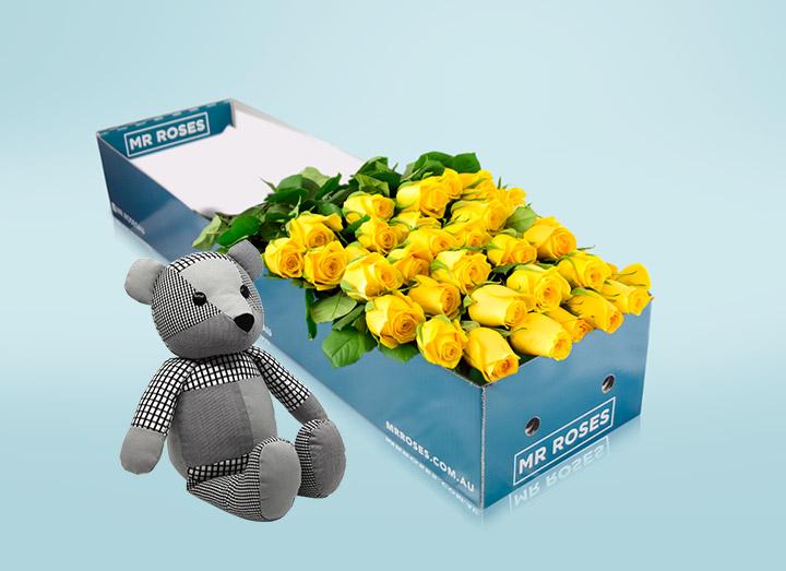 Long Stemmed Yellow Roses (12 - 36 Stems) & Teddy