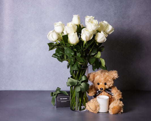 White Roses & Teddy Bear