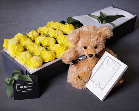 Yellow Roses, Newborn Baby Bodysuit & Teddy Bear