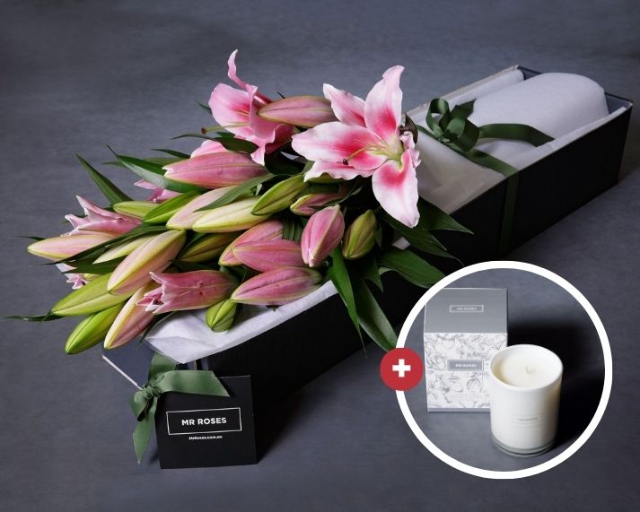 Mother's Day Flowers - Pink Lilies & Mr Roses Rose Scented Candle