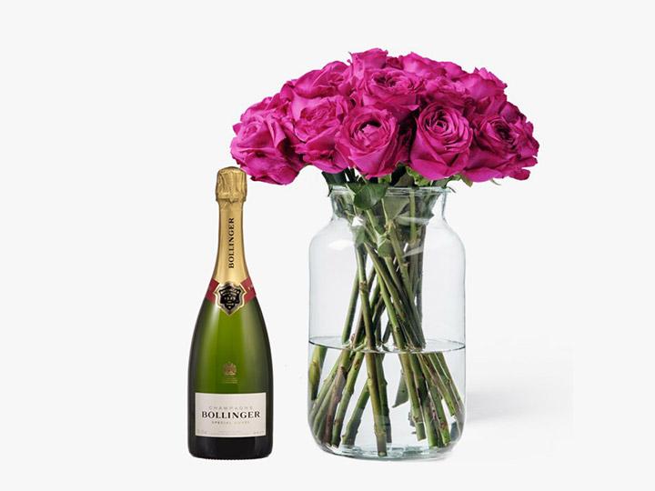 Bright Pink Roses (24 - 50 Medium Stems) & Champagne