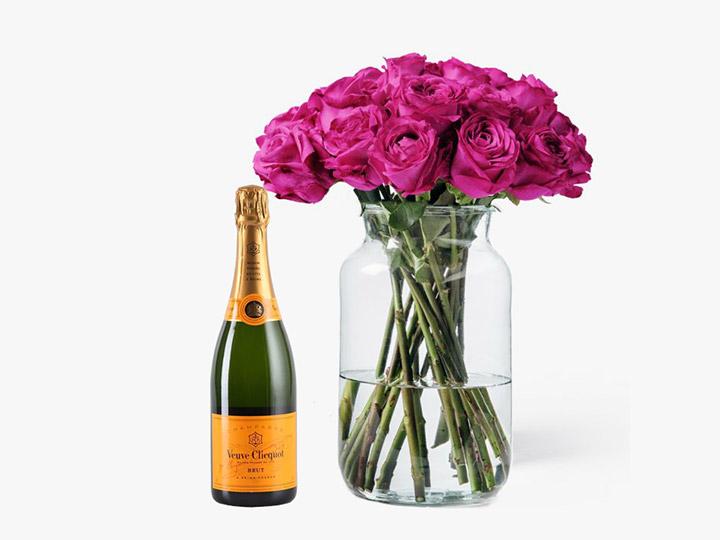 Bright Pink Roses (24 - 50 Medium Stems) & Champagne