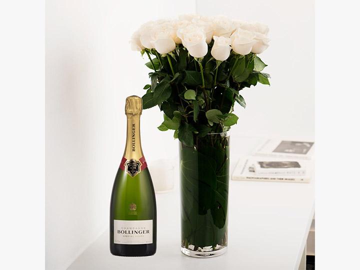 Long Stemmed White Cream Roses (12 - 36 Flowers) & Champagne