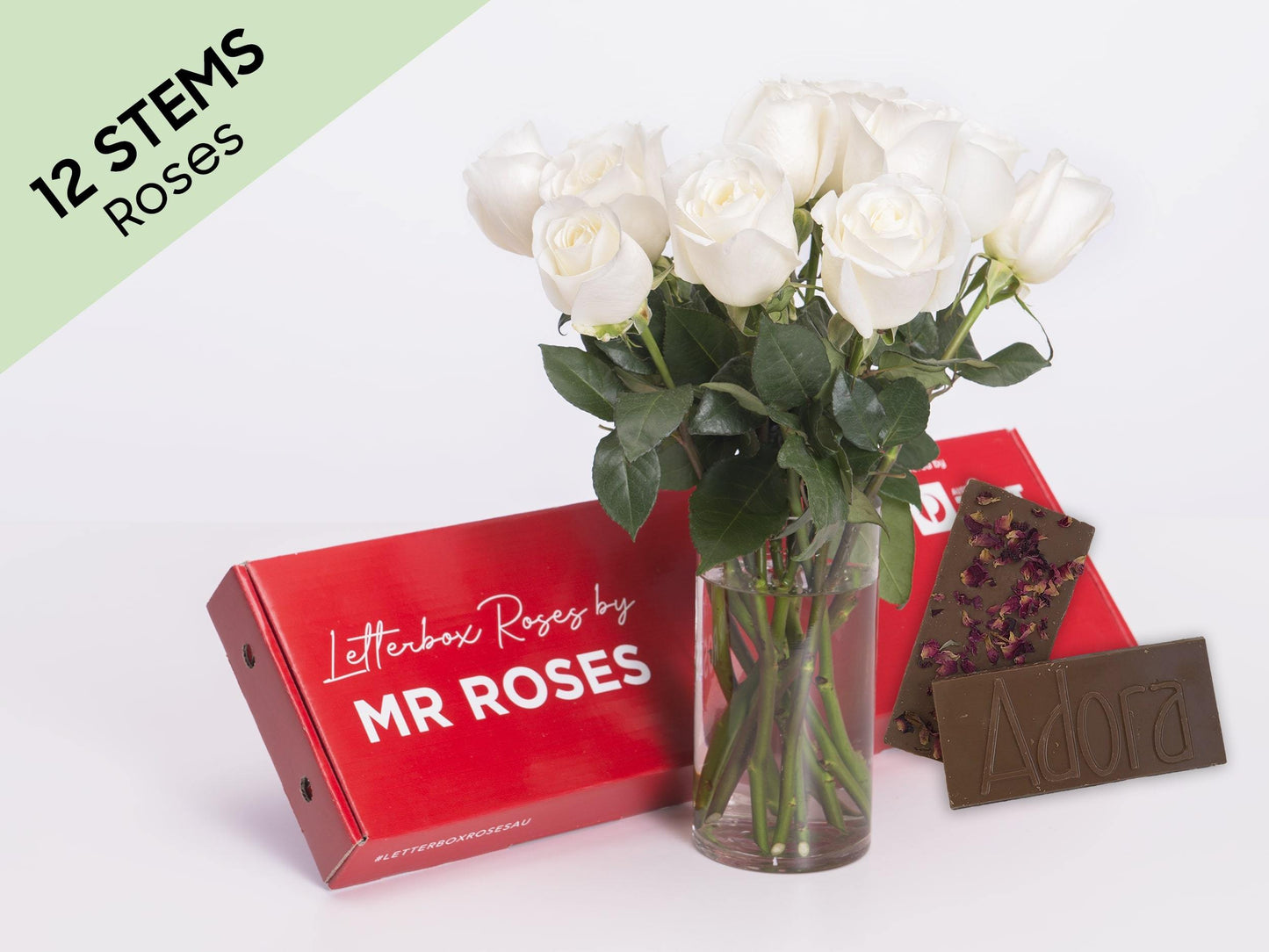 Classic 12 White Cream Roses Gift Box & Adora Chocolate