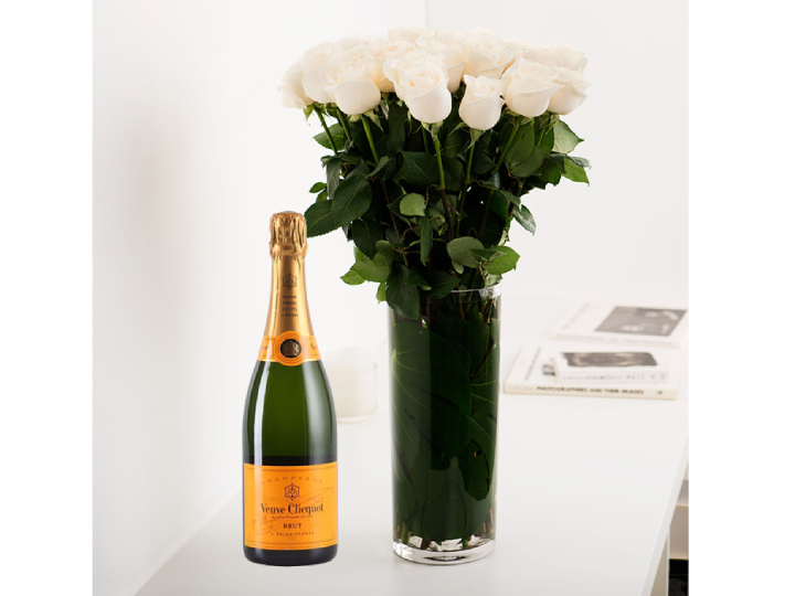 Long Stemmed White Cream Roses (12 - 36 Flowers) & Champagne