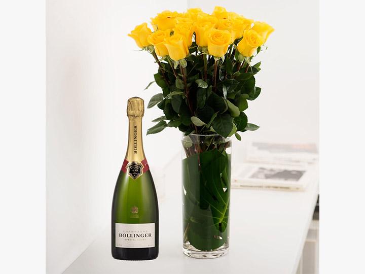 Long Stemmed Yellow Roses (12 - 36 Flowers) & Champagne