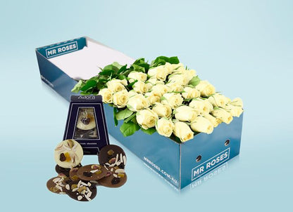 Long Stemmed White Cream Roses (12 - 36 Flowers) & Chocolates