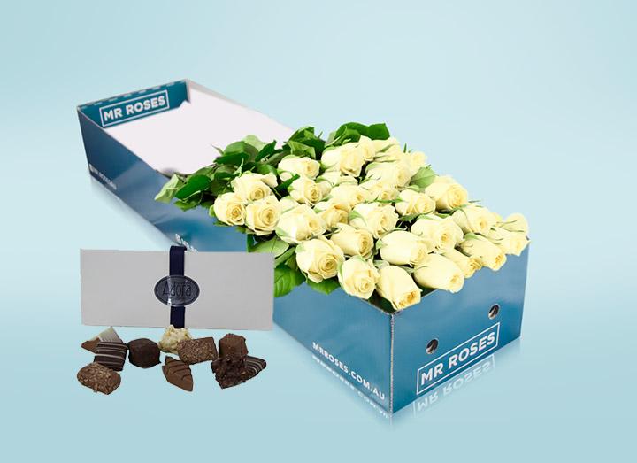 Long Stemmed White Cream Roses (12 - 36 Flowers) & Chocolates