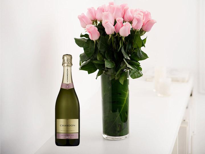 Long Stemmed Pink Roses (12 - 36 Flowers) & Champagne