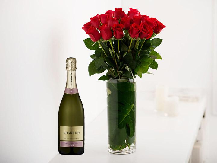 Long Stemmed Red Roses (12 - 36 Flowers) & Champagne