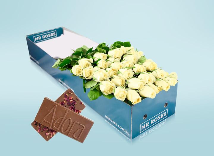 Long Stemmed White Cream Roses (12 - 36 Flowers) & Chocolates